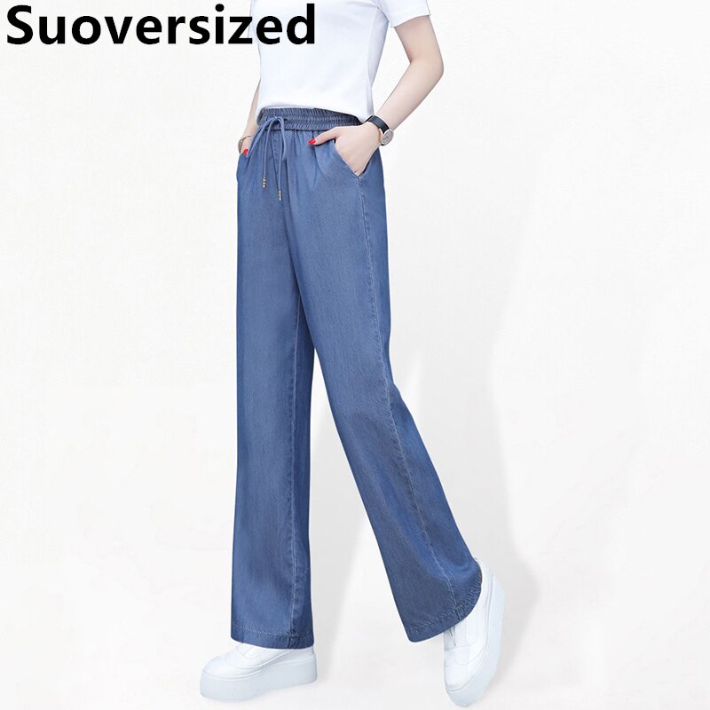 Summer Thin Ice Silk Wide Leg Jeans For Women Fashion High Waist Lace Up Denim Pantalones Korean Loose Casual Straight Trousers