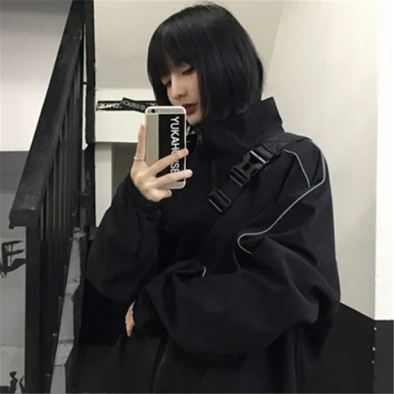 Y2K Women Techwaer Korean Streetwear Black Jacket Zipper Windbreaker Sweatshirt Oversizer Outwear Trench Coats Tops Alt Clothes