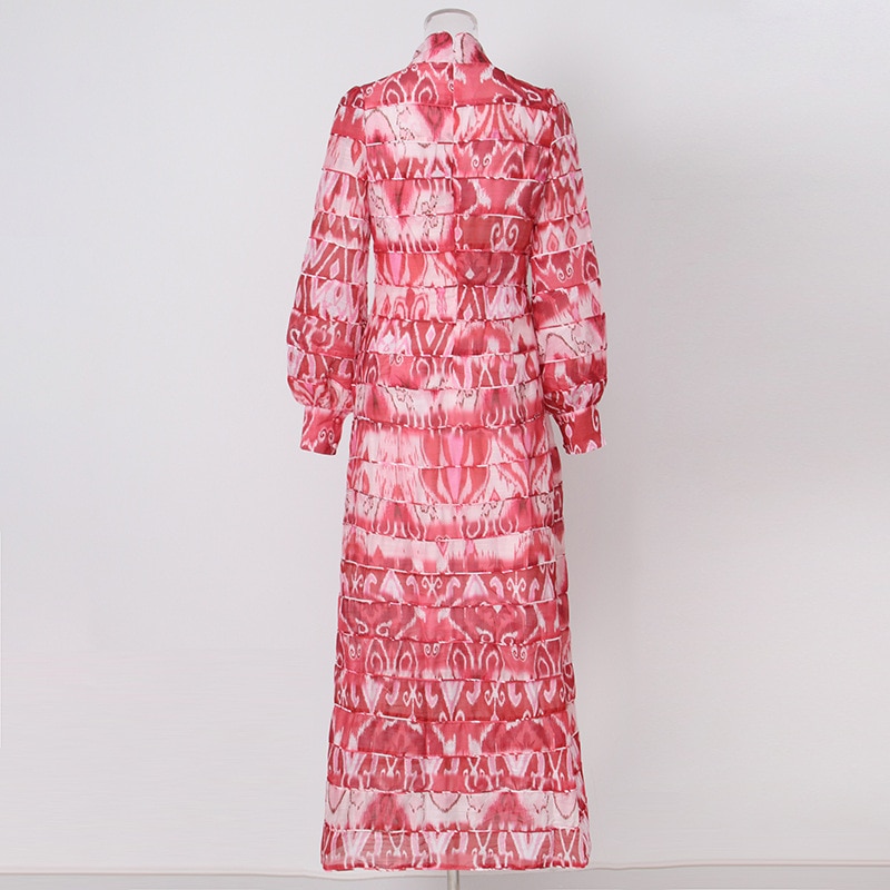 Retro Print Design Long Summer Dress 2023 Spring New Fashion Semi-high Collar Lantern Sleeve High Waist Dress Female  Polyester