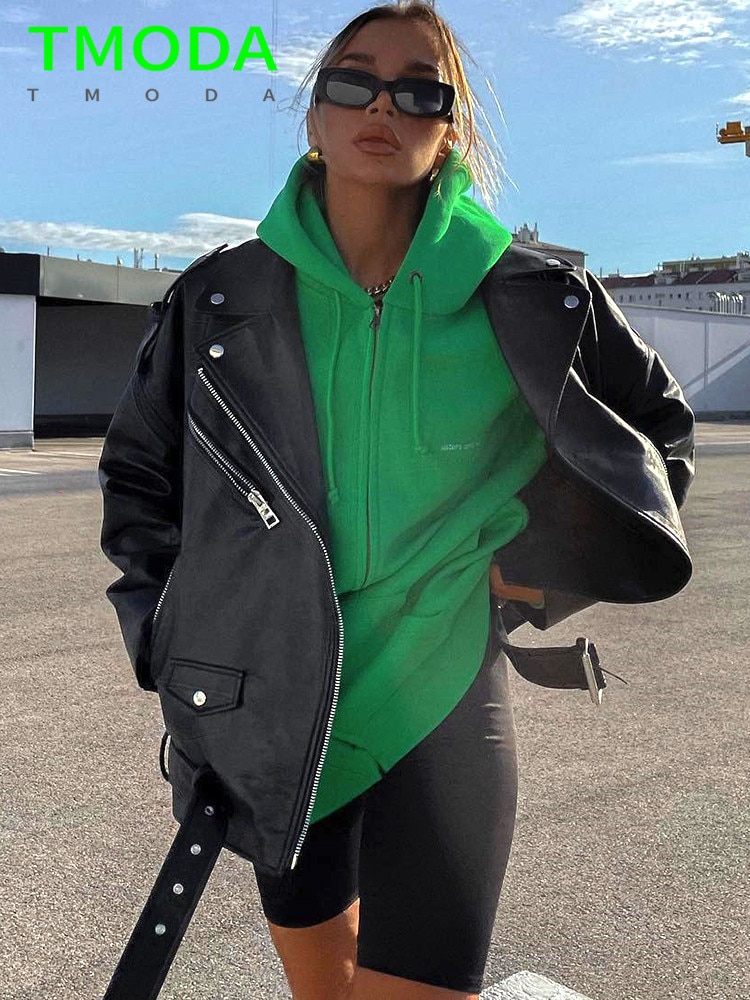 T MODA Spring Autumn Faux Leather Jackets Women Loose Casual Coat Female Drop-shoulder Motorcycles Locomotive Outwear With Belt